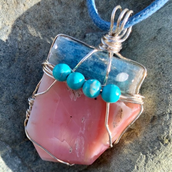 Hand Crafted Jewelry - Aquamarine, Pink Opal & Turquoise Pendant